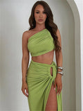 Ladies Summer 2 Pieces Set Women Sleeveless Backless Strap Spit Crop Top Side Slit Slim Long Skirt Evening Party Club Streetwear