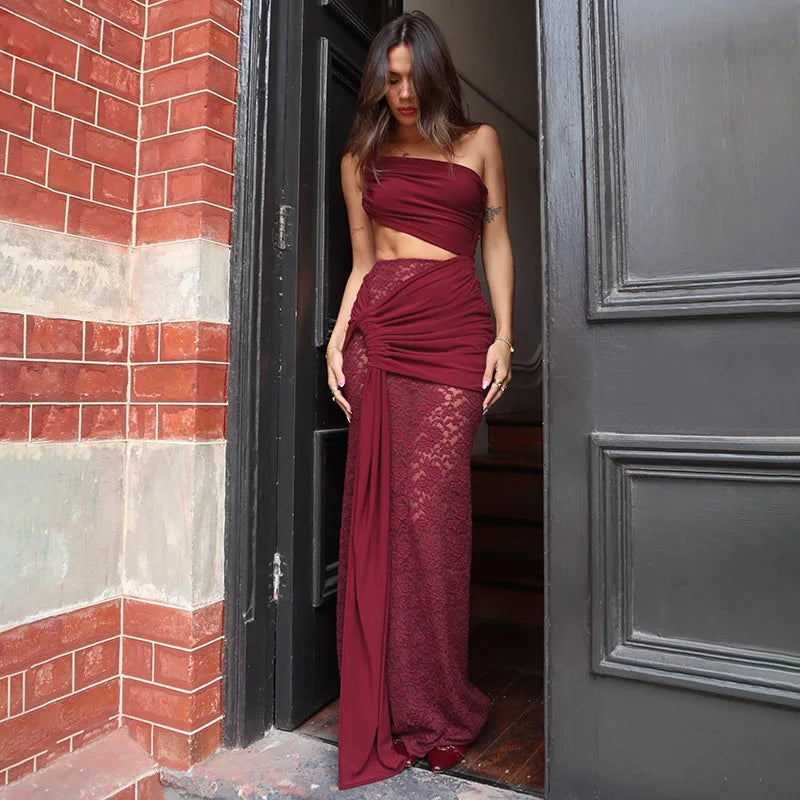 Ladies Summer 2 Pieces Set Women Sleeveless Backless Strap Spit Crop Top Side Slit Slim Long Skirt Evening Party Club Streetwear
