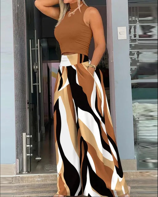 2025 Summer Fashion Printing Two Piece Set Women Casual Solid Sleeveless Tank Top Wide Leg Pants Two Piece Set Women